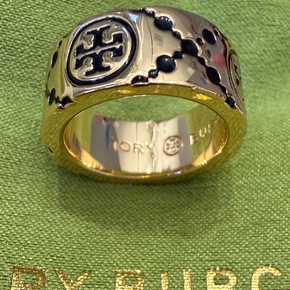 Tory Burch Gold Tone Ring with Black Enamel Logo Accents - Picture 2 of 4